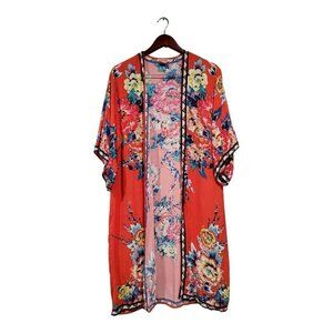 Flying Tomato Kimono Beach Wear Bright Red Flowers Robe Long Sz S/M Rayon FLAW